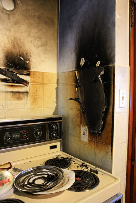 kitchen fire, burnt wall from stove fire